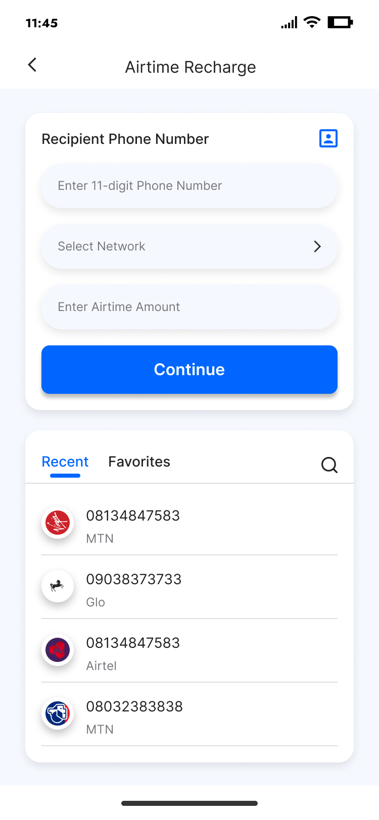 Airtime Recharge Page